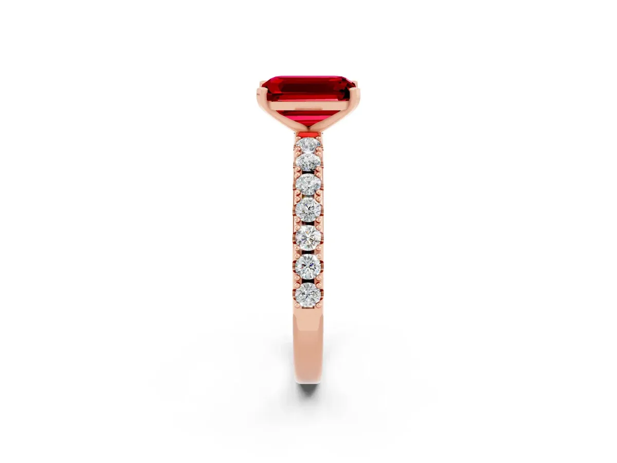 Emerald Cut Ruby Solitaire Pavé Band with Four-Prong Setting Rose gold