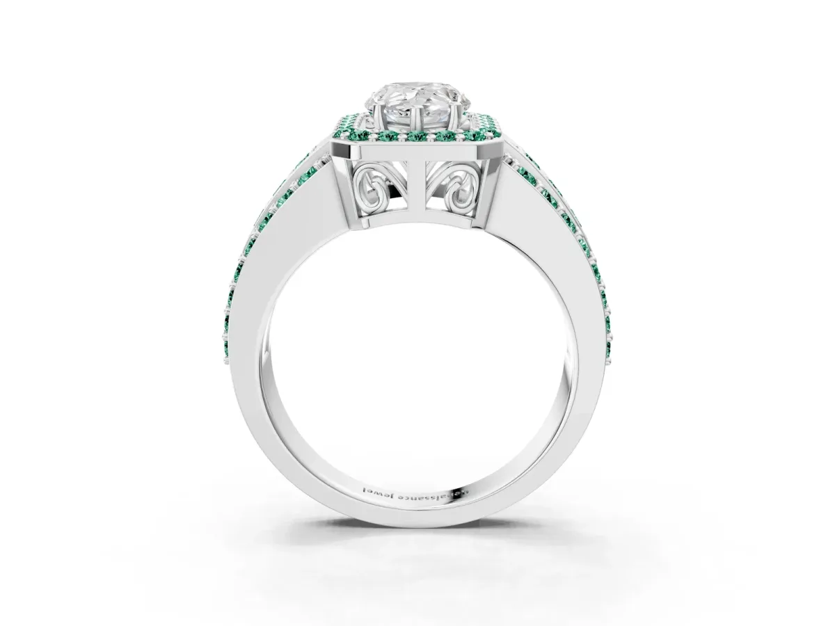 Pear Cut Halo Diamond Ring with Round Green Sapphire Split Shank and Prong Setting Silver