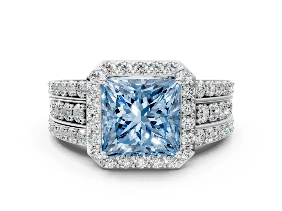 Fancy Blue Princess Cut Halo Diamond Ring with Round Split Shank and Prong Setting Silver