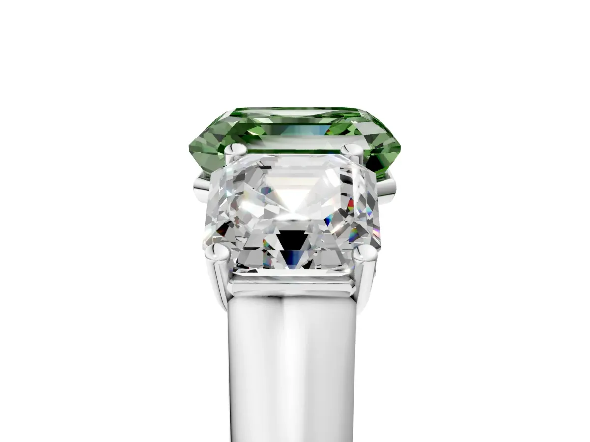 Fancy Green Asscher Cut Three-Stone Diamond Ring with Prong Setting on a Classic Band Platinum