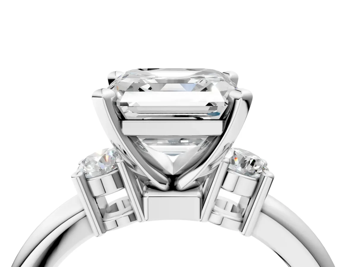 Three-Stone Asscher Cut Cut Diamond Solitaire with Prong Setting and Classic Band Platinum