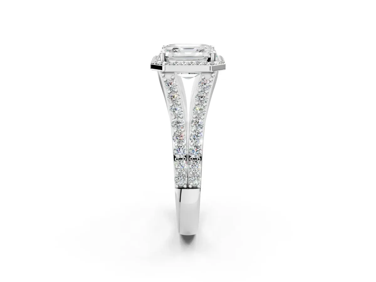 Asscher Cut Diamond Split Shank Halo Ring with Four-Prong Setting Platinum