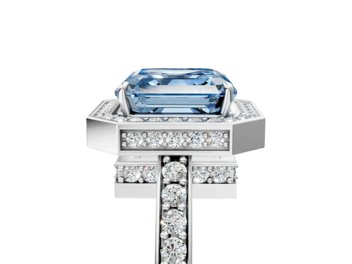 Fancy Blue Asscher Cut Halo Pave Band Solitaire Ring with Prong Setting Platinum