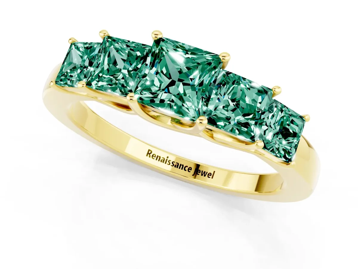 Princess Cut Five-Stone Green Sapphire Ring with Classic Prong Setting Yellow gold