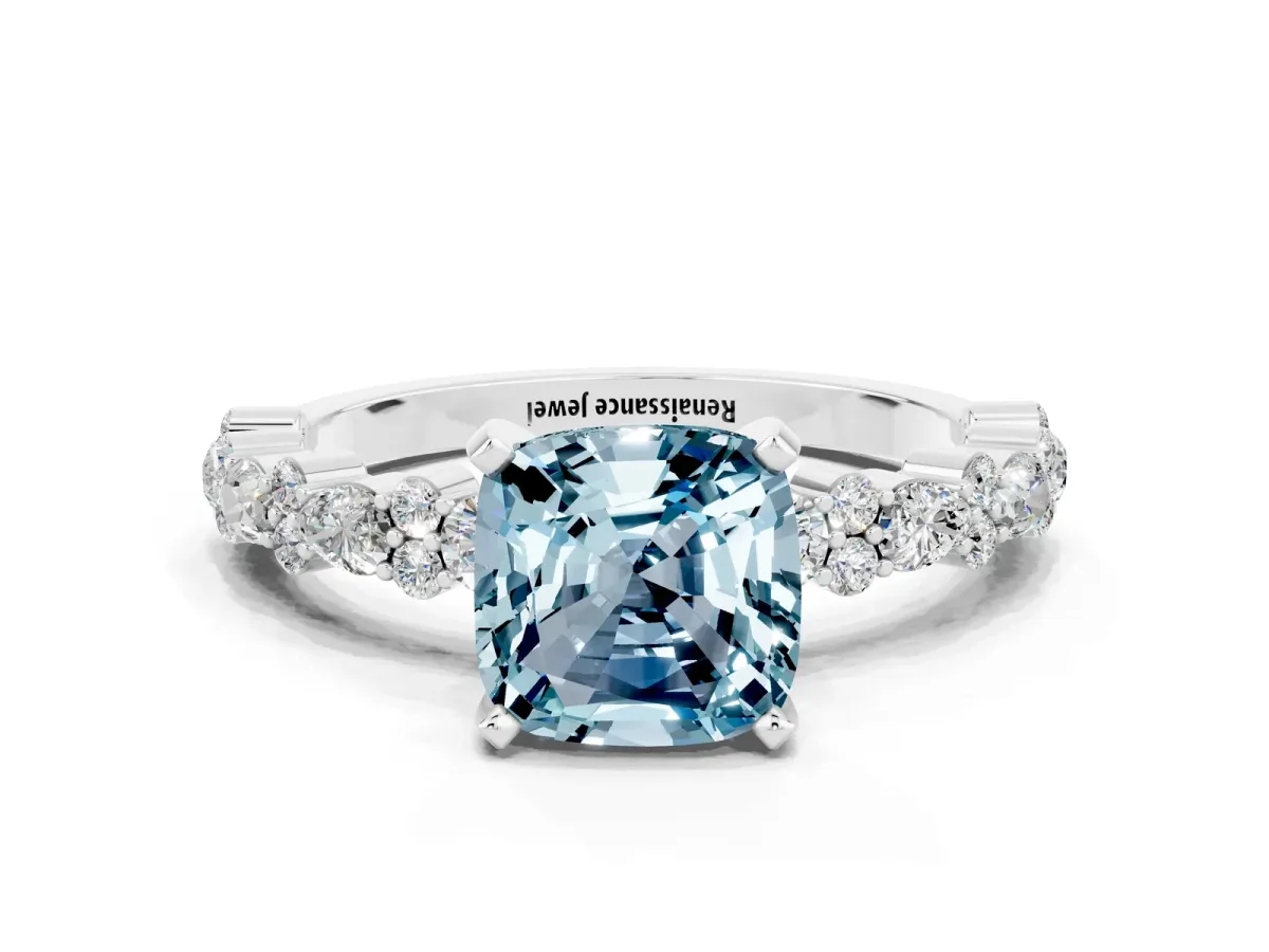 Cushion Cut Aquamarine Side Stone Solitaire Ring with Round and Four-Prong Setting Silver