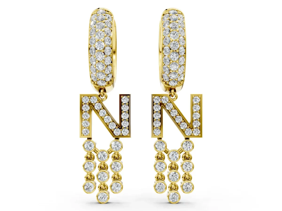 Round Diamond Initial N Huggie Hoop Earrings Yellow gold