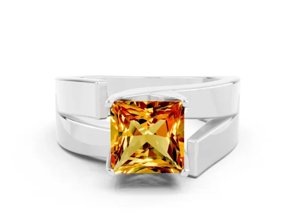 Modern Tension Set Princess Cut Citrine Solitaire Wide Band Ring Platinum