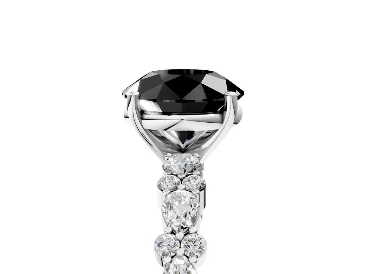 Fancy Black Round Cut Diamond Side Stone Solitaire Ring with Round and Four-Prong Setting White gold