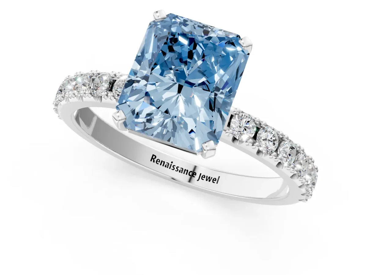 Fancy Blue Radiant Cut Diamond Solitaire Pavé Band with Four-Prong Setting Platinum