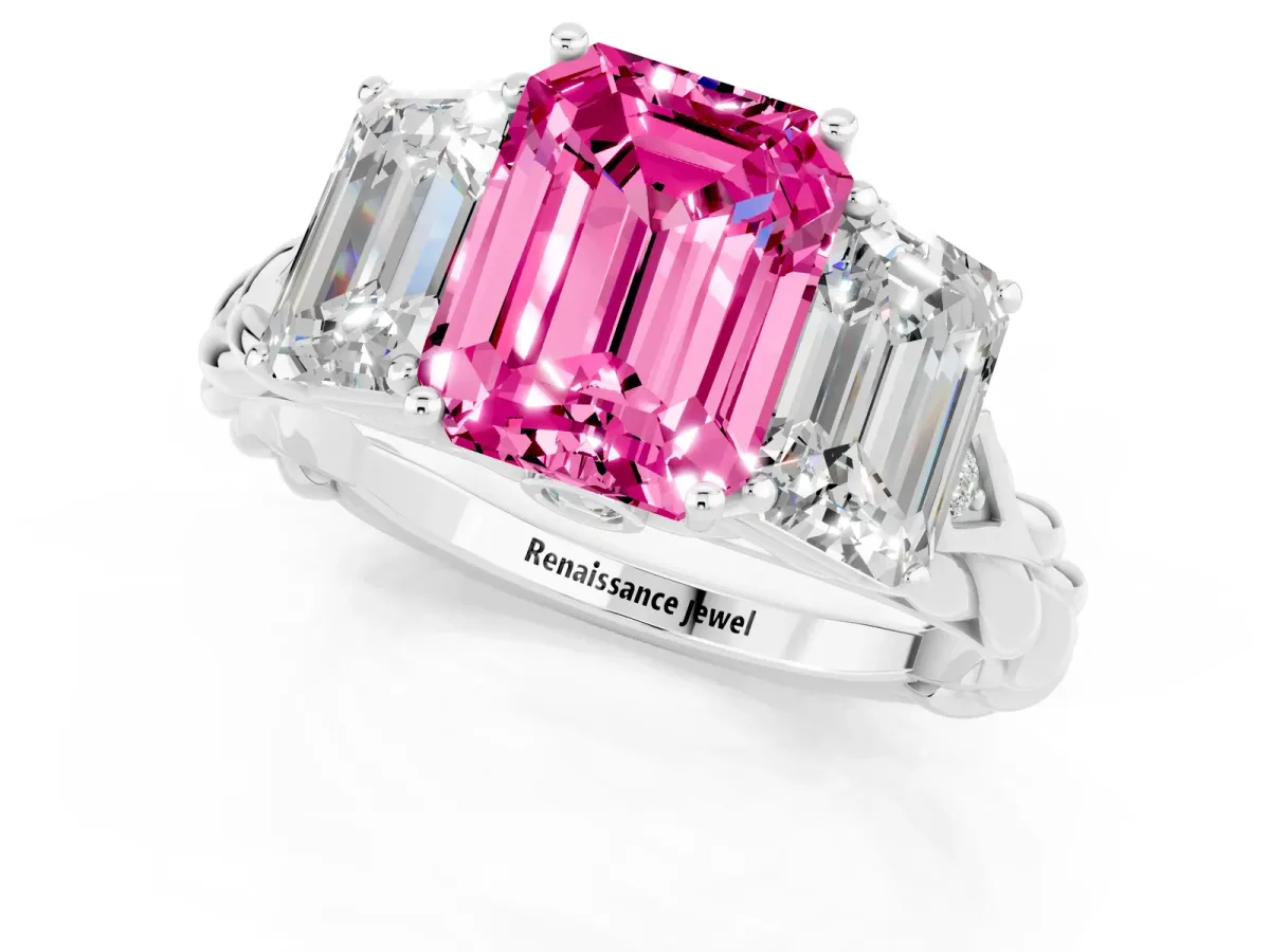 Three-Stone Emerald Cut Pink Sapphire Braided Band Ring with Four-Prong Setting Silver