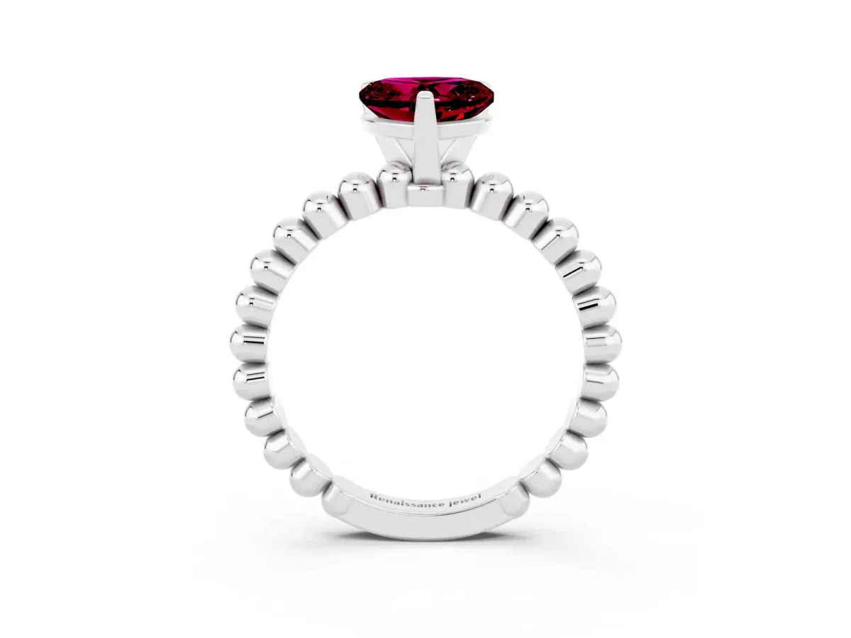 Heart Cut Garnet Solitaire Ring with Beaded Band and Prong Setting Platinum