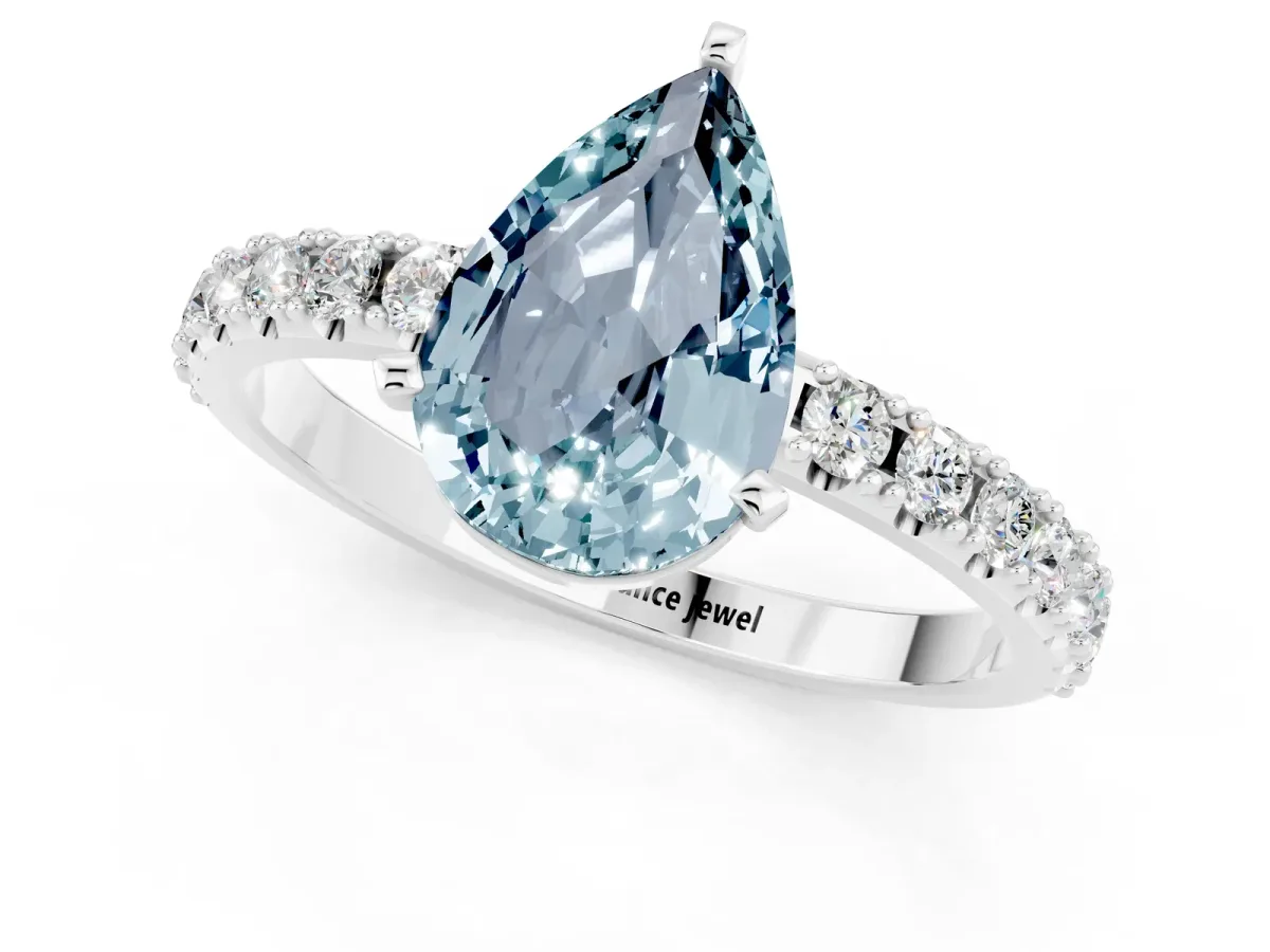 Pear Cut Aquamarine Solitaire Pavé Band with Four-Prong Setting Platinum