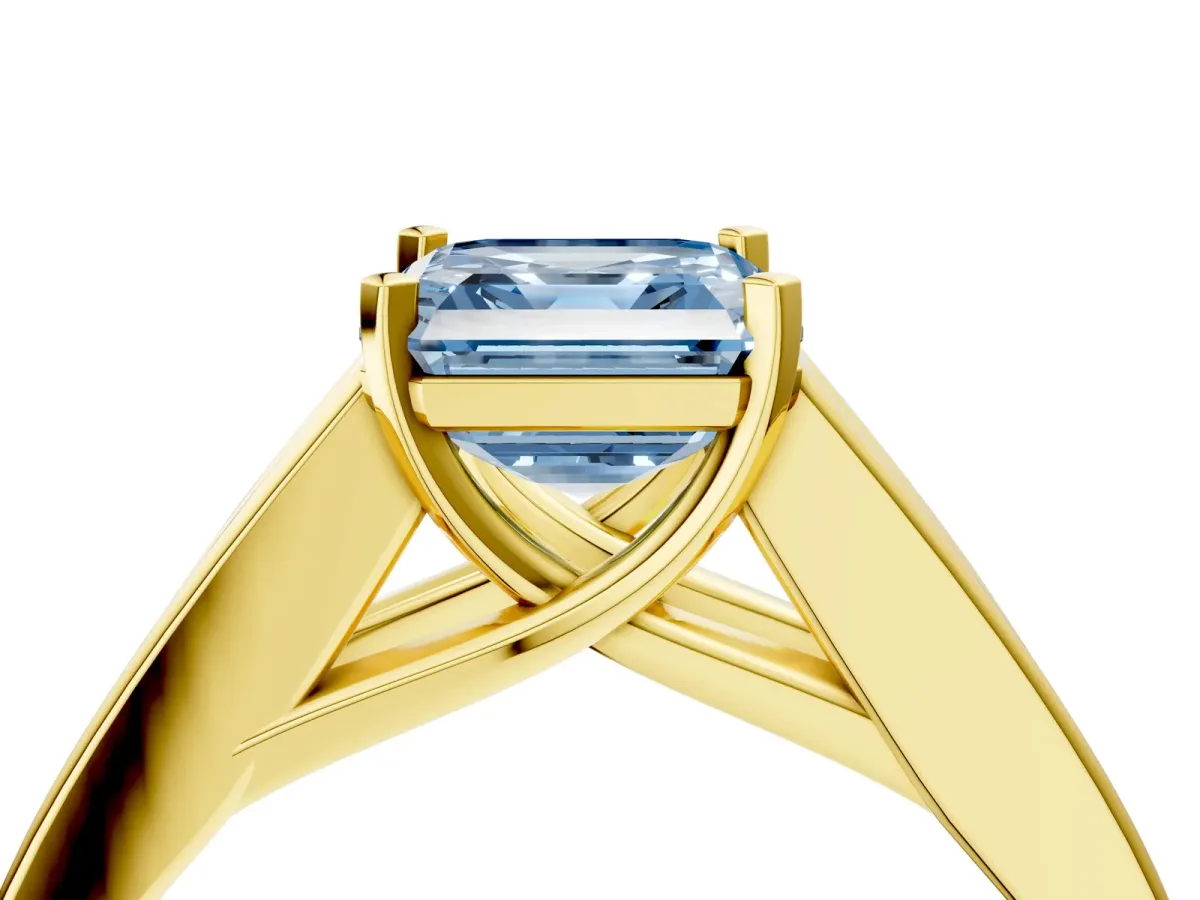Fancy Blue Asscher Cut Cut Channel Set Solitaire Ring with Four-Prong Setting Yellow gold