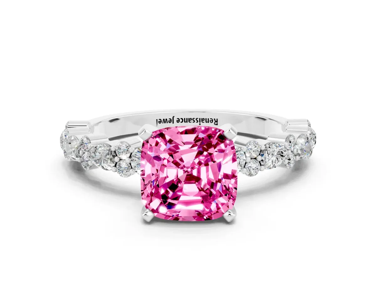 Cushion Cut Pink Sapphire Side Stone Solitaire Ring with Round and Four-Prong Setting Silver