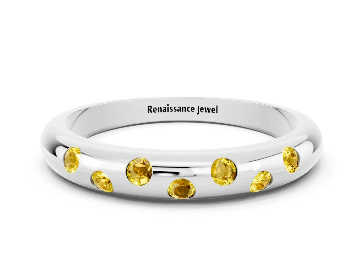 Round Yellow Sapphire Flush-Set Comfort Fit Band White gold