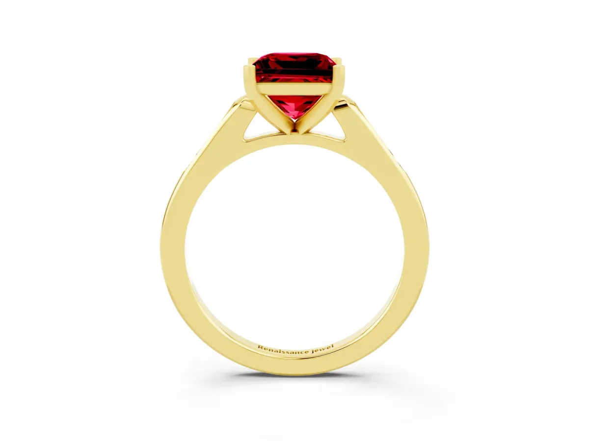 Princess Cut Ruby Solitaire Ring with Channel Set Round Band and Prong Setting Yellow gold