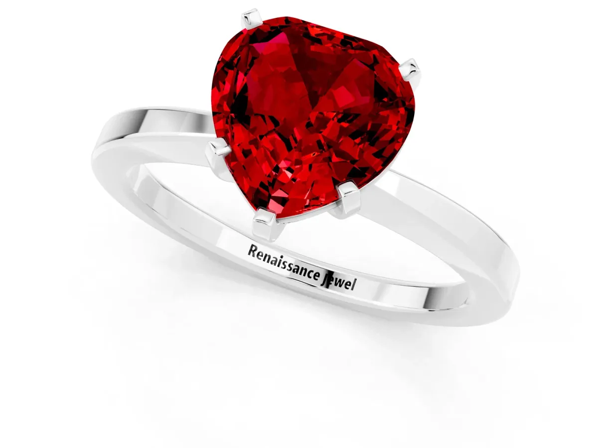 Heart Cut Ruby Solitaire Engagement Ring with Classic Band and Four-Prong Setting Silver