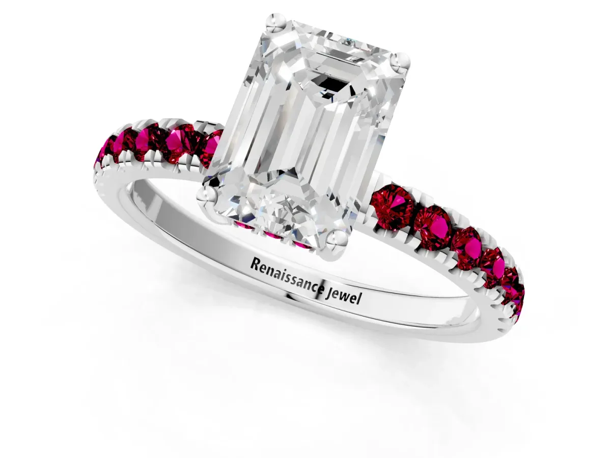 Emerald Cut Diamond Pave Band Solitaire Ring with Round Garnet and Prong Setting Platinum