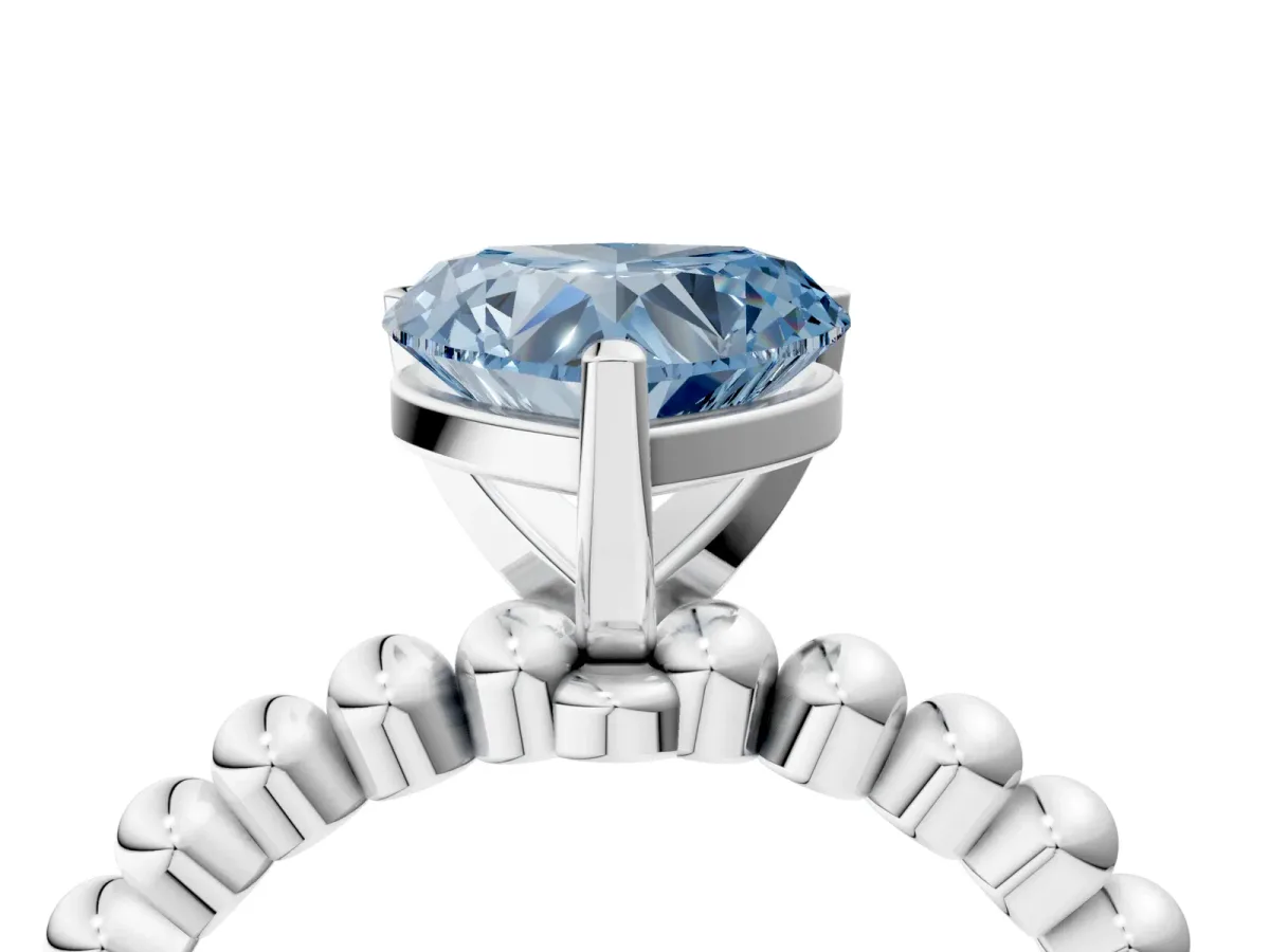 Fancy Blue Heart Cut Diamond Solitaire Ring with Beaded Band and Prong Setting Silver