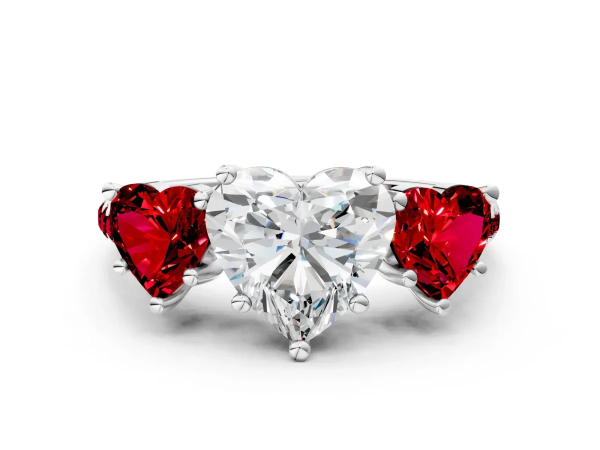 Three-Stone Heart Cut Diamond Ring with Round Ruby Pavé Band and Prong Setting Silver