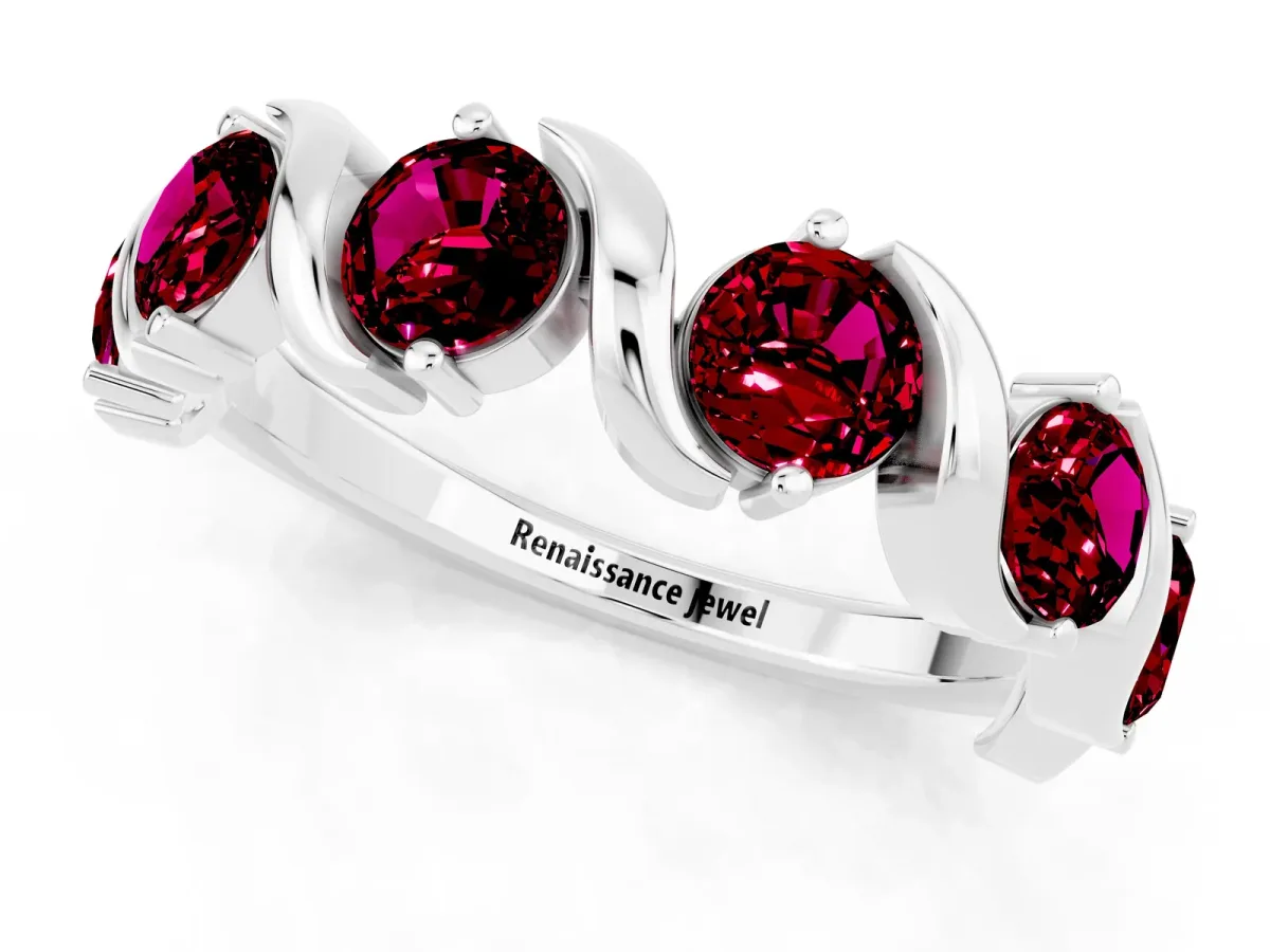 Round Garnet Half Eternity Band with Wave Prong Setting White gold