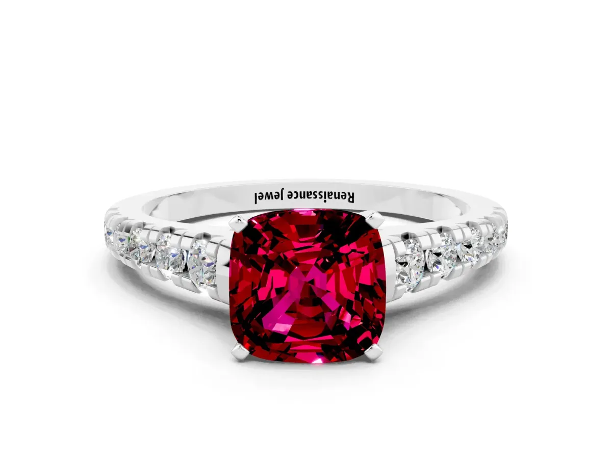 Cushion Cut Garnet Cathedral Solitaire Ring with Round Pavé Band Silver