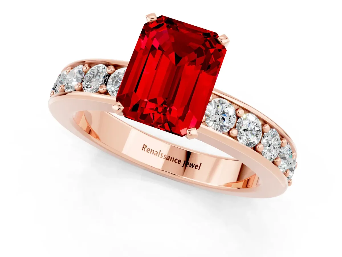Emerald Cut Ruby Engagement Ring with Channel Set Round Band and Prong Setting Rose gold