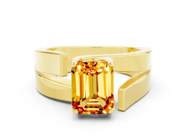 Modern Tension Set Emerald Cut Citrine Solitaire Wide Band Ring Yellow gold