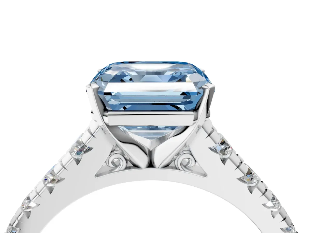 Fancy Blue Asscher Cut Diamond Cathedral Solitaire Ring with Round Pavé Band Platinum