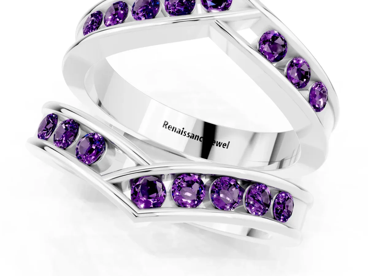 Round Amethyst Channel-Set Chevron Band Silver