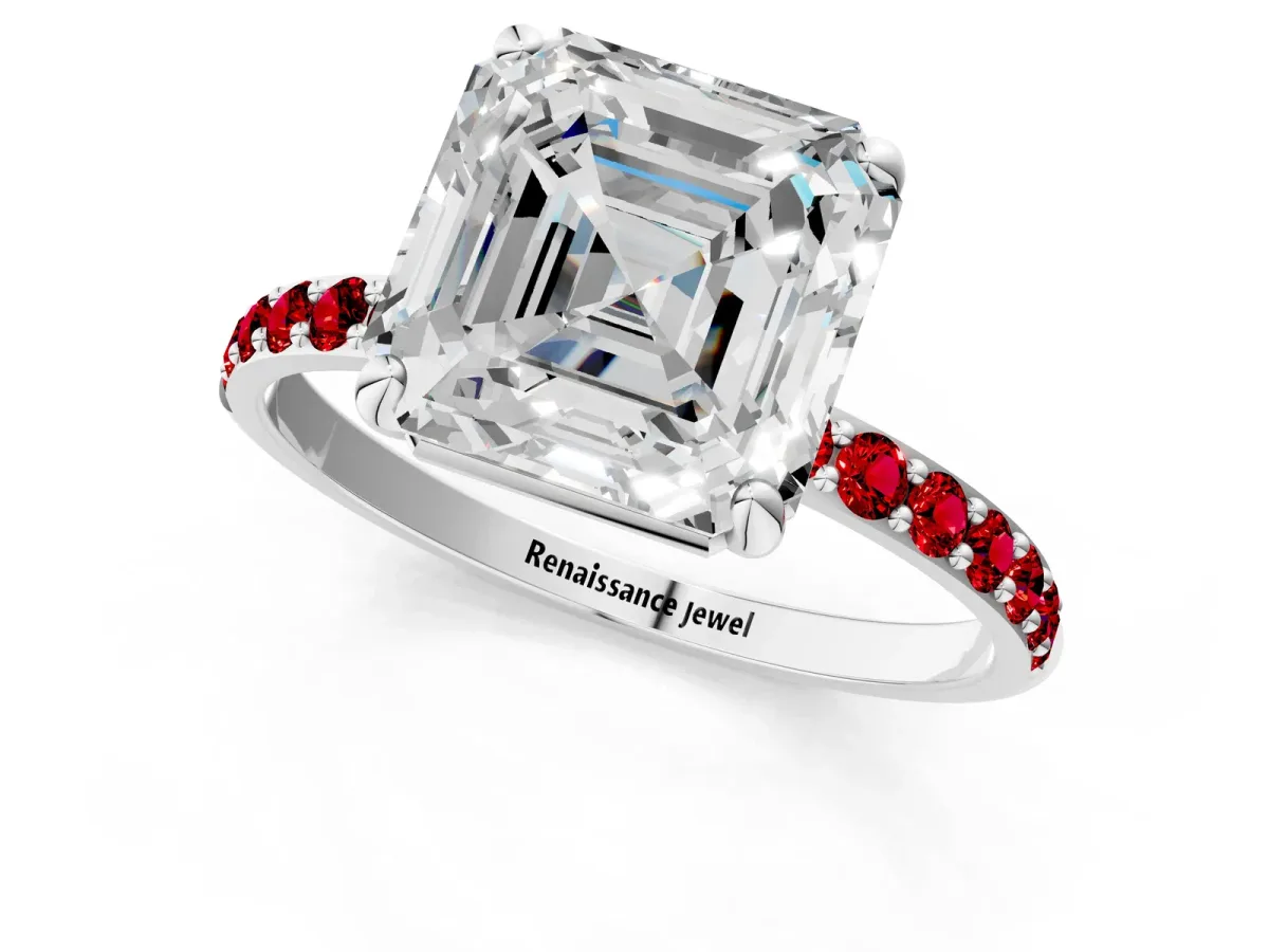 Asscher Cut Diamond Solitaire Ring with Round Ruby Pavé Band and Prong Setting Silver