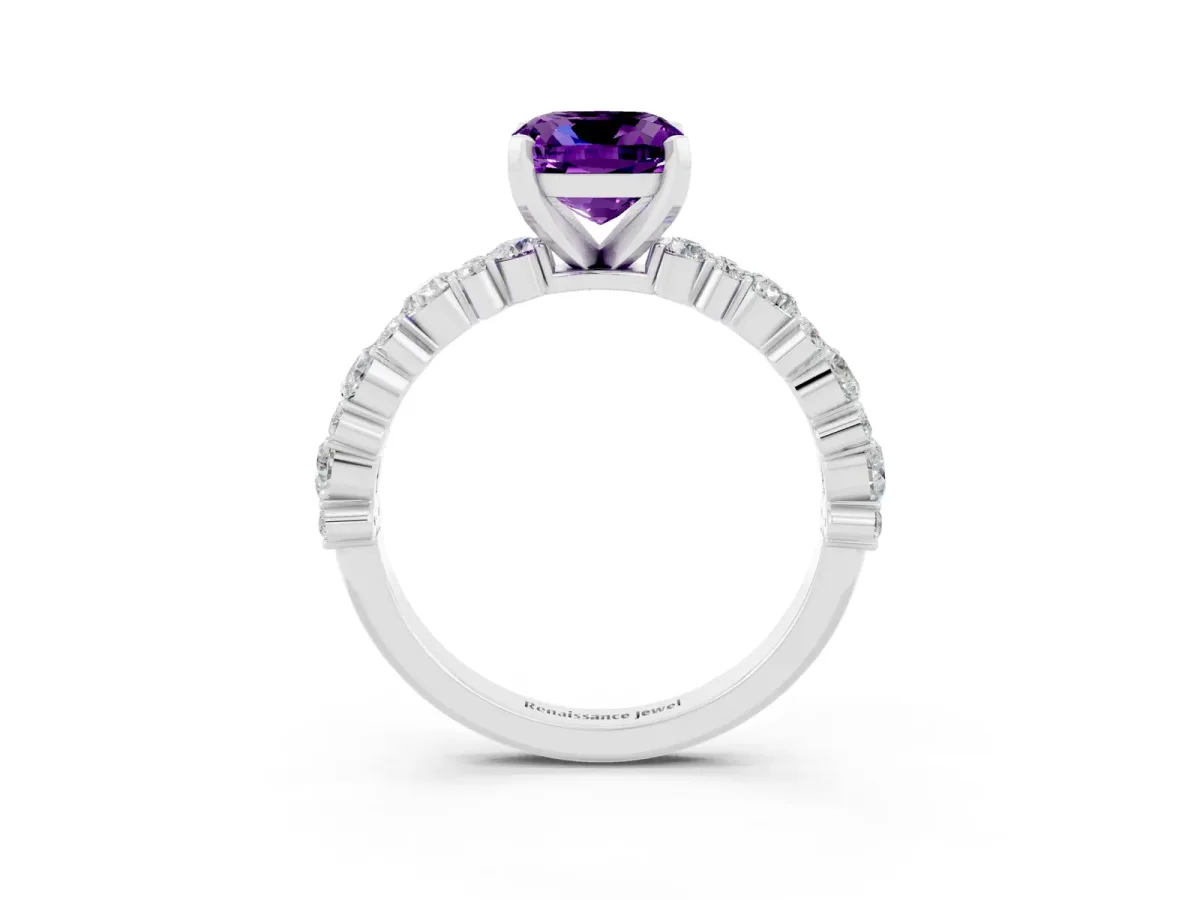Cushion Cut Amethyst Side Stone Solitaire Ring with Round and Four-Prong Setting Platinum