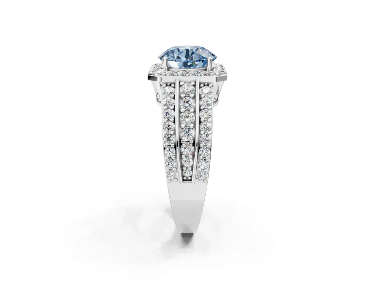 Fancy Blue Round Cut Halo Diamond Ring with Round Split Shank and Prong Setting White gold
