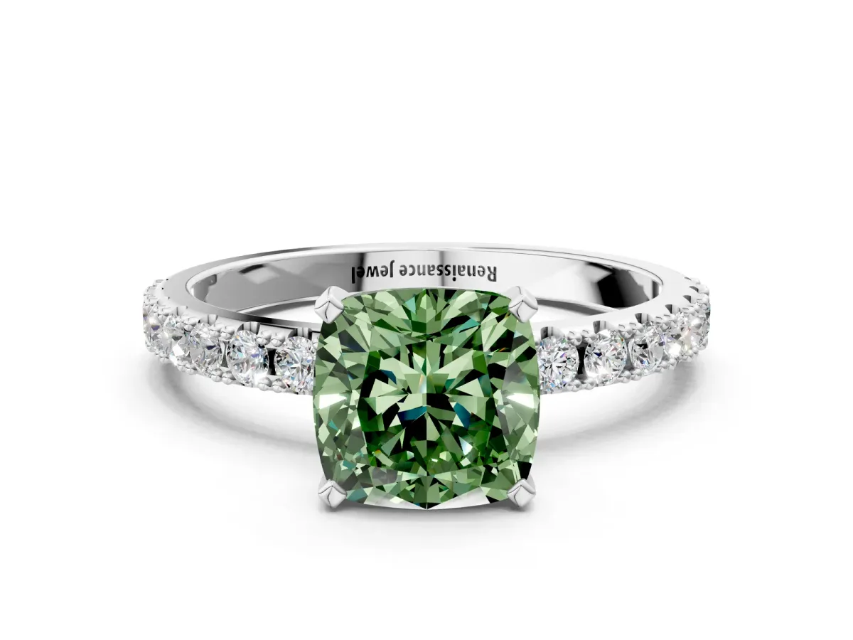 Fancy Green Cushion Cut Diamond Solitaire Pavé Band with Four-Prong Setting Silver