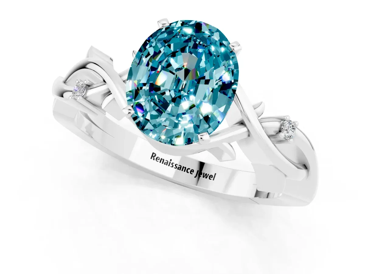 Oval Cut Blue Topaz Solitaire Ring with Twisted Band and Prong Setting Silver
