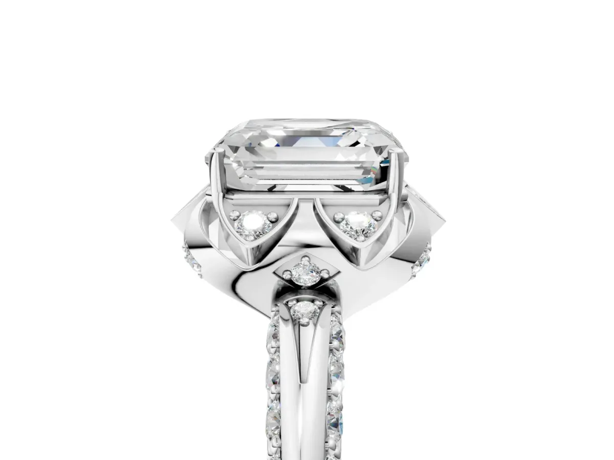 Asscher Cut Halo Split Shank Pave Diamond Ring with Petal Prong Setting Platinum