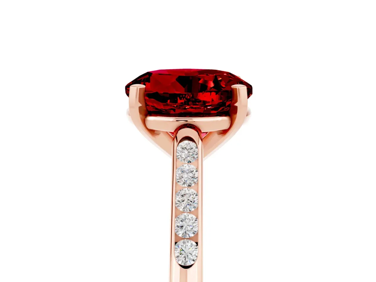 Round Cut Ruby Solitaire Ring with Channel Set Round Band and Prong Setting Rose gold