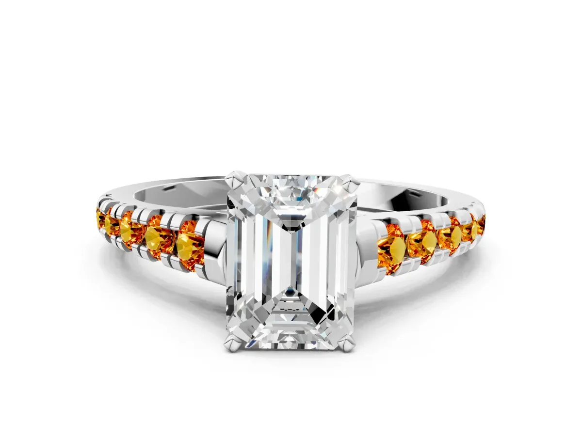 Emerald Cut Diamond Cathedral Solitaire Ring with Round Citrine Pavé Band Silver