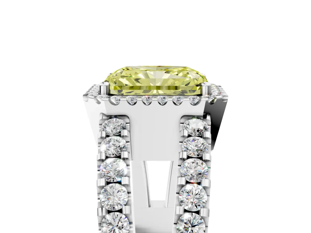 Fancy Yellow Radiant Cut Cut Halo Split Shank Diamond Ring with Four-Prong Setting Platinum