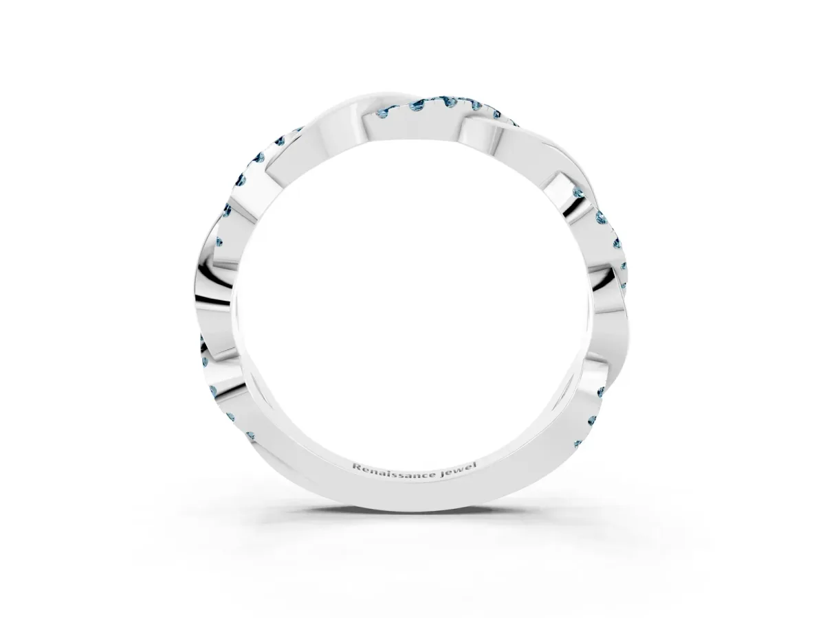 Pavé Round Aquamarine Twist Eternity Band with Shared Prong Setting Silver