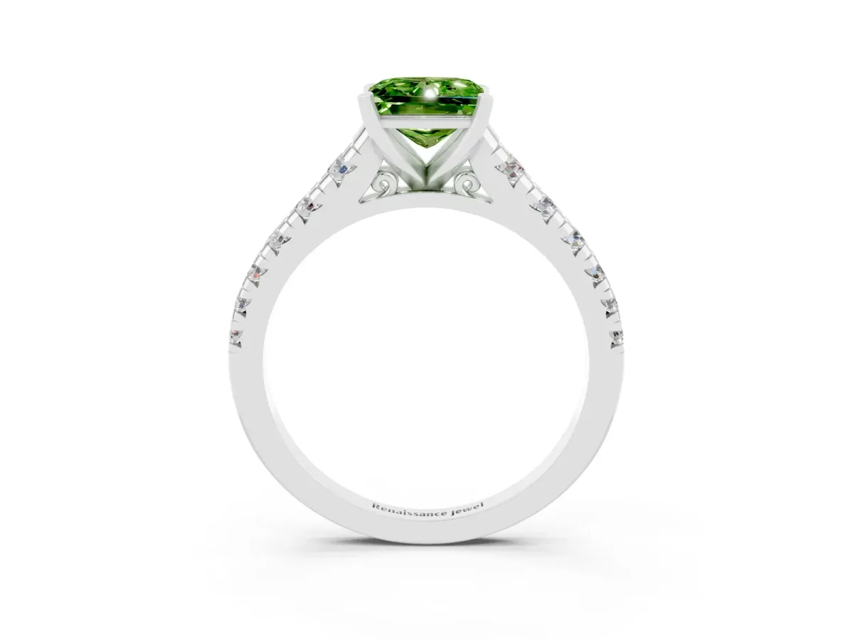 Princess Cut Peridot Cathedral Solitaire Ring with Round Pavé Band Platinum