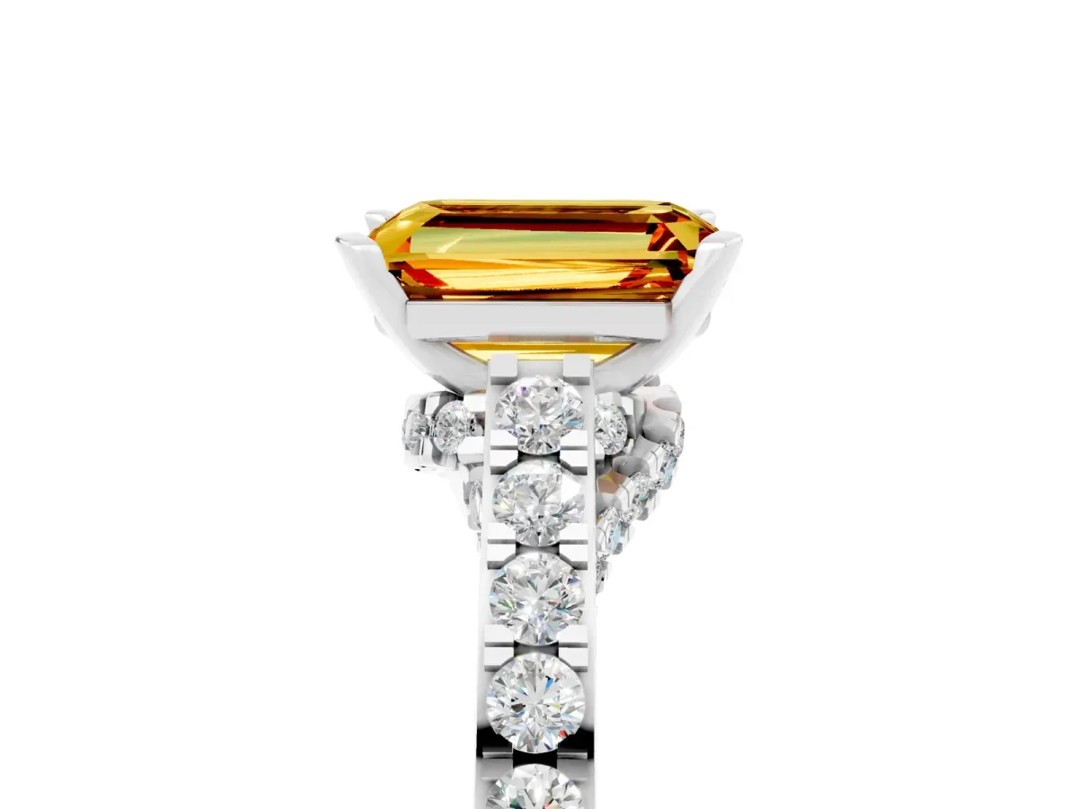 Emerald Cut Citrine Solitaire Ring with Crossover Gallery and Round Pavé Band Silver
