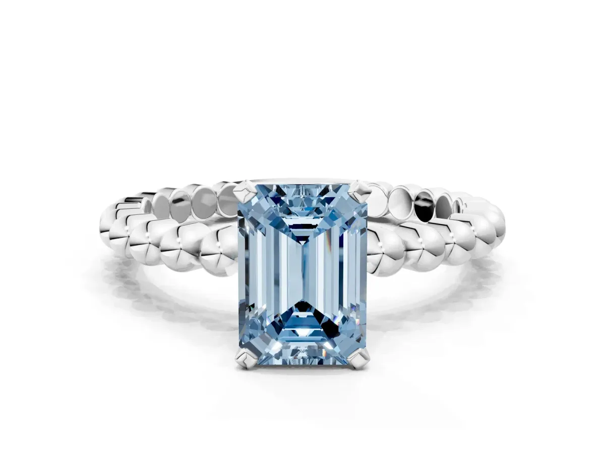 Fancy Blue Emerald Cut Diamond Solitaire Ring with Beaded Band and Prong Setting Silver