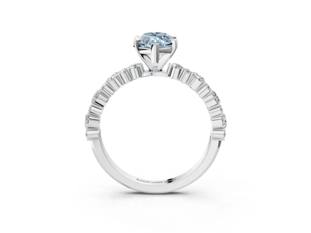 Fancy Blue Marquise Cut Diamond Side Stone Solitaire Ring with Round and Four-Prong Setting Silver