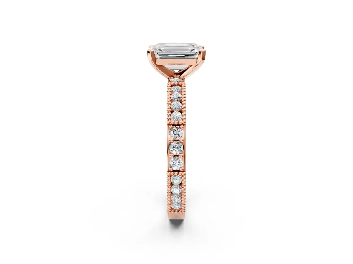 Emerald Cut Solitaire with Pavé Band and Four-Prong Setting Rose gold