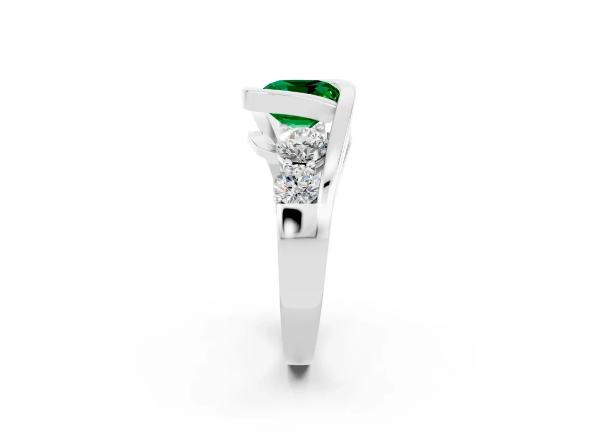 Bezel Set Cushion Cut Emerald Bypass Ring with Round Accents Silver