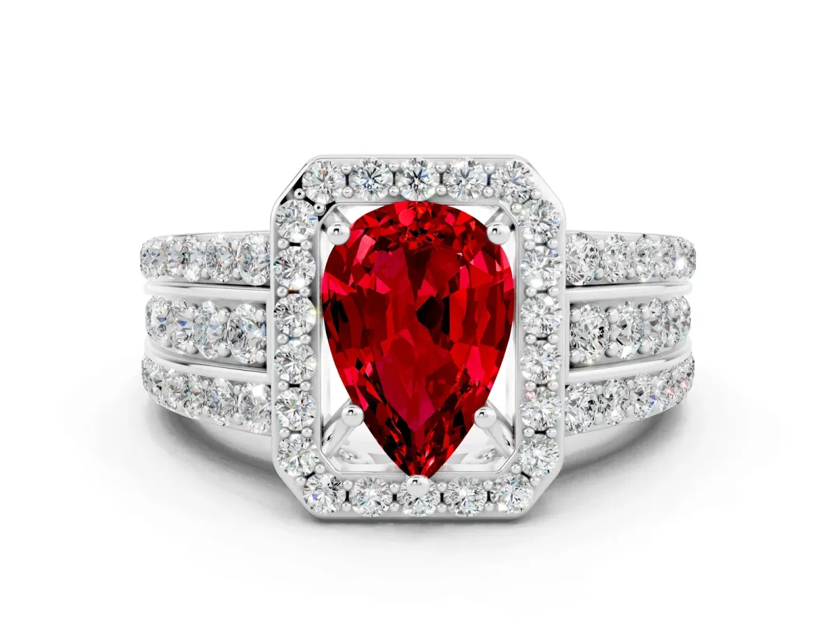 Pear Cut Halo Ruby Ring with Round Split Shank and Prong Setting Silver