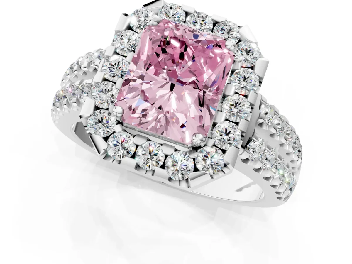 Fancy Pink Radiant Cut Halo Diamond Split Shank Engagement Ring with Prong Setting Platinum