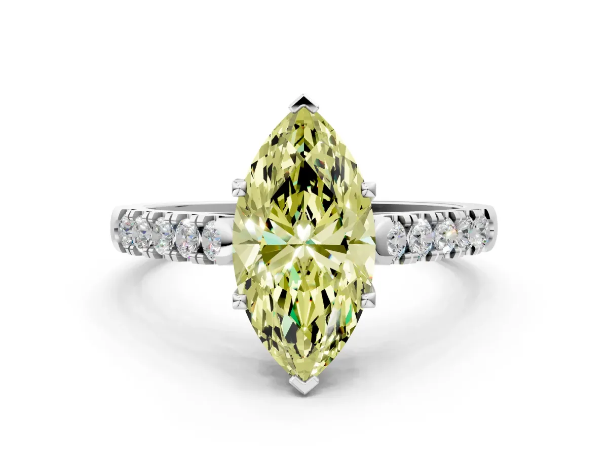 Fancy Yellow Marquise Cut Diamond Pavé Band Solitaire Ring with Prong Setting Silver