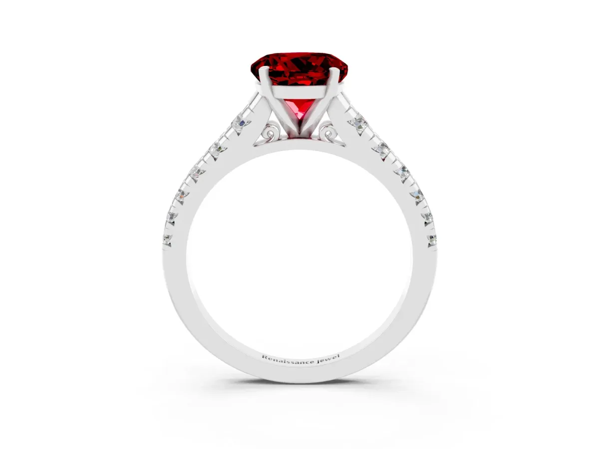 Round Cut Ruby Cathedral Solitaire Ring with Round Pavé Band Silver